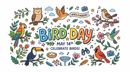 Obraz premium Bird Day Celebration Illustration with Various Birds and Nature Elements