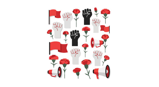 Labor Day solidarity illustration with roses, fists, and flags for worker protest and union awareness on International
