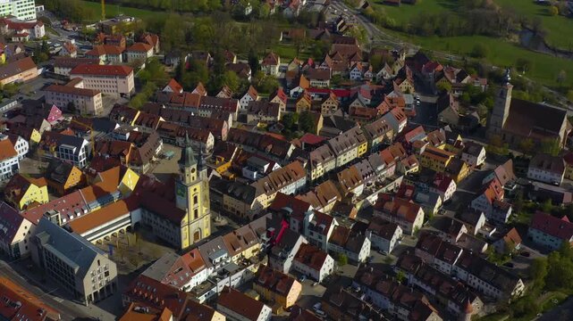 Aerial panorama view beside the old town in the city of Crailsheim in Germany, Baden-W&uuml;rettmberg on a cloudy spring day