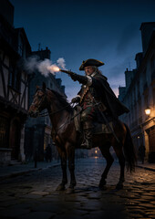 Naklejka premium 18th-century figure—reminiscent of a Musketeer highwayman —on horseback in a city at dusk