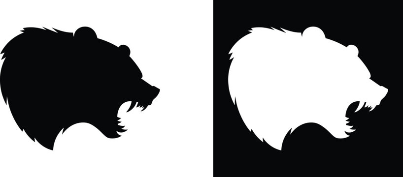 Black and white silhouette of a snarling bear head