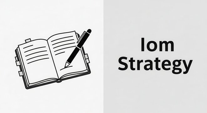 Open Book and Pen Icon with 'IOM Strategy' Text - Business Planning and Education Concept