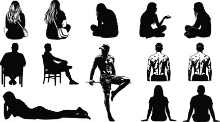 Collection of Black Silhouettes Featuring Men and Women Sitting Resting and Lying Down in Various Poses Isolated on White Background for Diverse Design Projects © MdRaziur