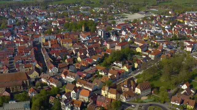 Aerial panorama view beside the old town in the city of Crailsheim in Germany, Baden-W&uuml;rettmberg on a cloudy spring day