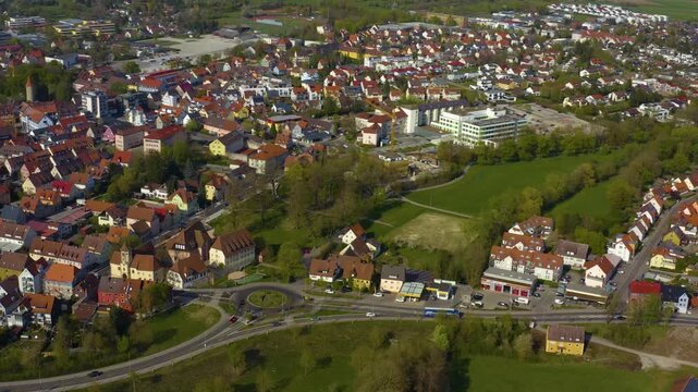 Aerial panorama view beside the old town in the city of Crailsheim in Germany, Baden-W&uuml;rettmberg on a cloudy spring day