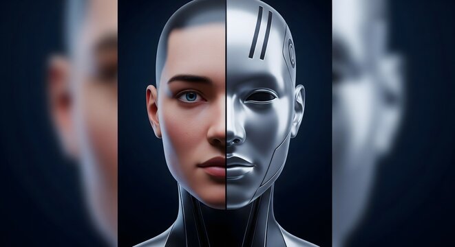Half human, half robot face with a neutral expression.