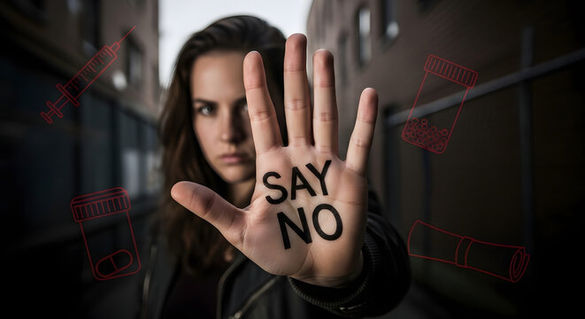 Say No To Drug: A determined individual firmly extends hand, emblazoned with a clear message of rejection against substance abuse, with a backdrop of a city street and related objects.