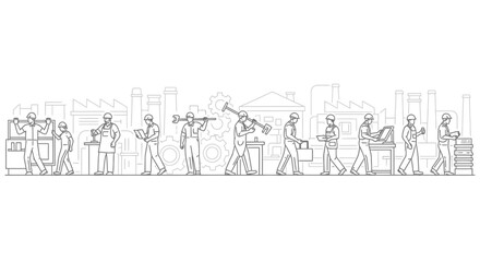 Obraz premium Factory Workers and Industrial Manufacturing Line Art Illustration Vector Design Element