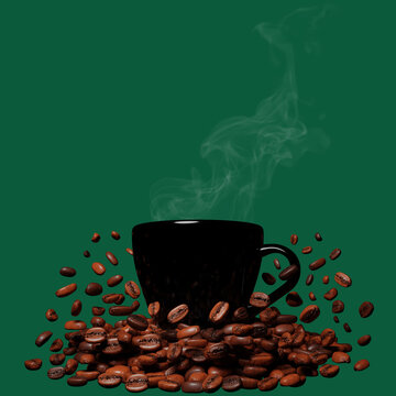 Black Coffee Cup with Roasted Beans on Green Background
