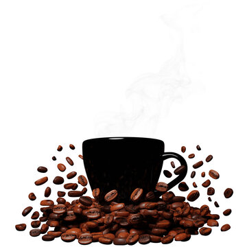 Black Coffee Cup with Roasted Beans on Transparent Background