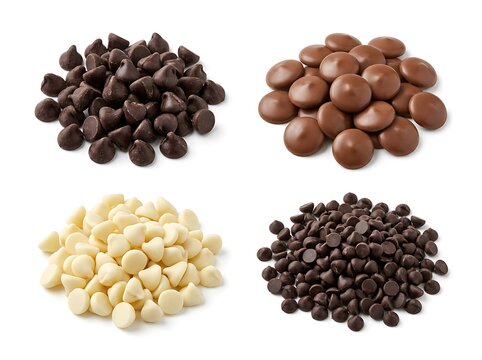 Four piles of different types of chocolate chips on white background