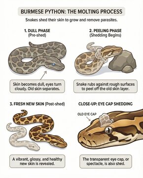 Four-stage infographic illustrating the molting process and skin shedding of a Burmese python