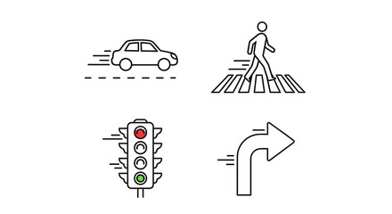 Fototapeta premium Traffic Icons: Car, Pedestrian Crossing, Traffic Light, and Directional Arrow