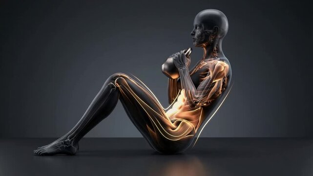 Anatomical 3D Render of Female Athlete During Kettlebell Core Workout. 4k Video