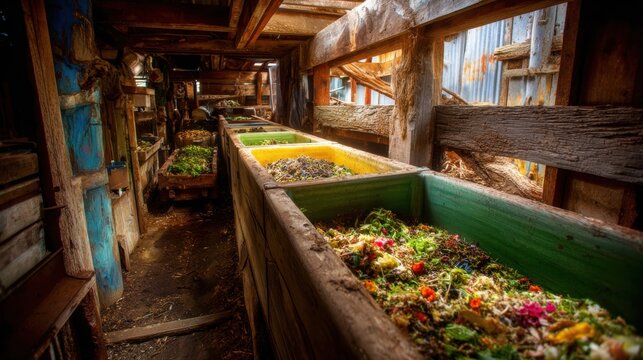 Wooden composting bins filled with organic food and garden waste in a rustic barn