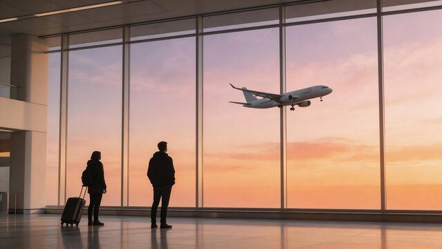 Two travelers watching plane at airport