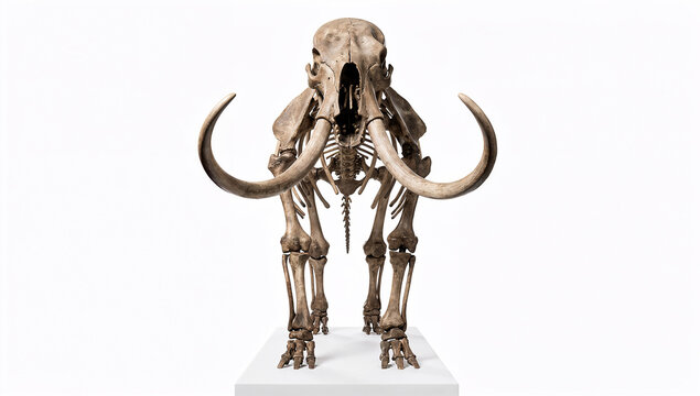3D Rendered Woolly Mammoth Skeleton Front View on Museum Pedestal Isolated on White Background, Detailed Prehistoric Fossil with Large Curved Tusks