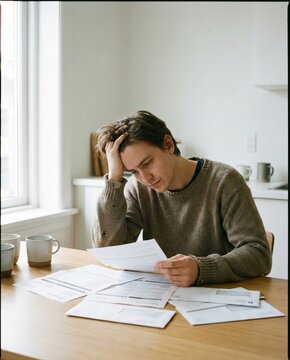 Stressed young man sitting at a kitchen table reviewing bills and financial documents representing debt and economic anxiety