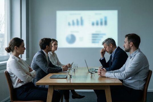 Tense business meeting in a conference room with a frustrated executive representing corporate failure and financial crisis