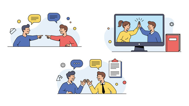 Collection of scenes depicts interpersonal communication including a workplace argument a video call high five and a final handshake.