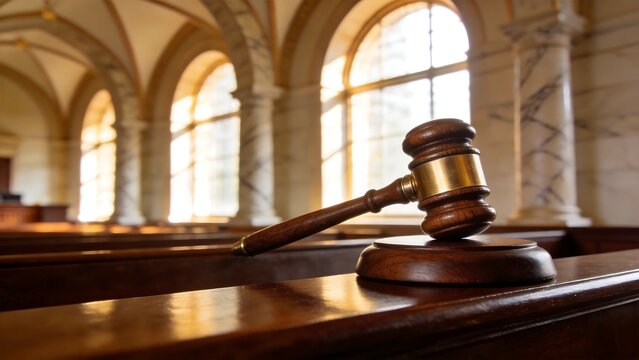 Wooden gavel in a courtroom