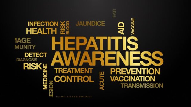 Hepatitis awareness concept Animated Tag Word Cloud kinetic typography, Text Design Animation typography seamless loop video motion graphics Intro Wordart arrangement golden type on black background b