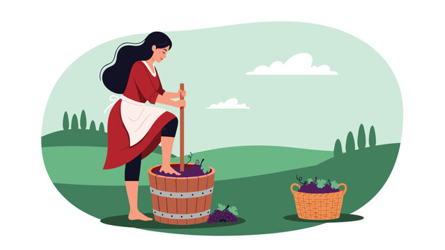 Woman in a red dress and white apron traditionaly stomps grapes in a large wooden barrel in a rural vineyard field.