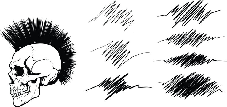 Skull with Mohawk and Brush Strokes on White Background