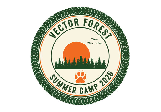 Vintage Vector Forest Summer Camp 2026 badge, retro outdoor adventure emblem with pine trees and sunset, wilderness camping logo with paw print