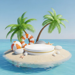 Obraz premium Island display with palm trees lifebuoy beach ball on ocean surface palm tree coconut tree life ring life preserver life jacket striped ball tropical paradise vacation relaxation