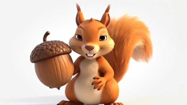 A cheerful cartoon squirrel holding a large acorn against a clean white background, smiling.