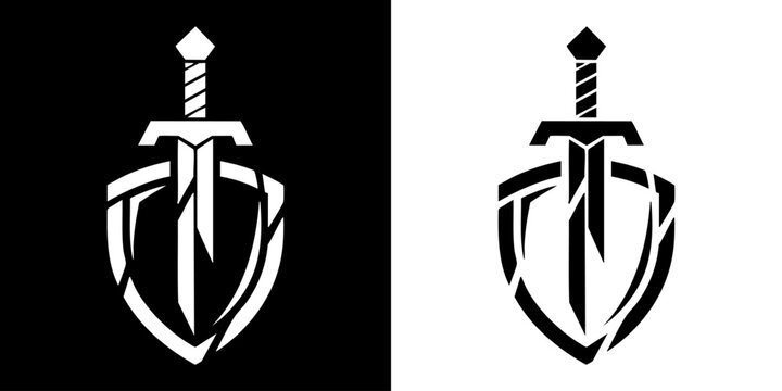 Two sword and shield logos are shown side by side in black and white