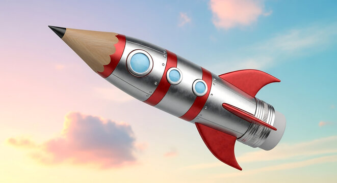 A creative 3D render of a pencil-shaped rocket flying in a cloudy sky, symbolizing innovation and the launch of ideas.