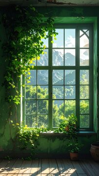 A vibrant green window frames a sunlit mountain scene. Lush vines spill inwards, while sunlight bathes the interior, accentuating the greenery