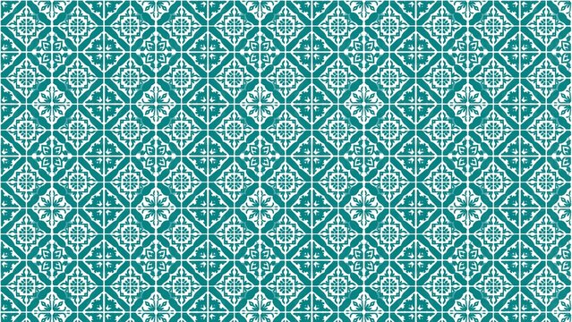 Seamless repeating pattern featuring ornate teal and white vintage ceramic tile design
