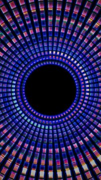 Vertical video radial tunnel with glowing square grid pattern forming circular depth. Futuristic abstract background