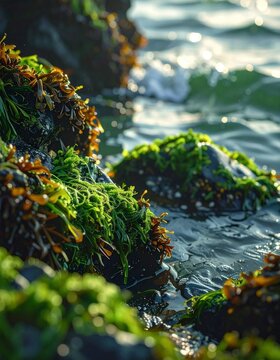 Vibrant green and brown seaweed clinging to rugged coastal rocks with clear ocean water lapping gently.