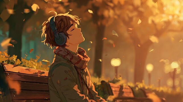 Anime boy with headphones sitting on park bench, eyes closed, short brown hair, warm golden sunset through autumn trees, soft bokeh, cinematic lighting, detailed illustration