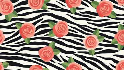 Naklejka premium Bold fashion pattern combining pink roses with green leaves over a black and white zebra stripe animal print for a modern artistic look.
