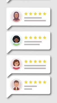 Vertical looping animation of customer review speech bubbles with five star ratings and diverse avatars, business feedback and reputation