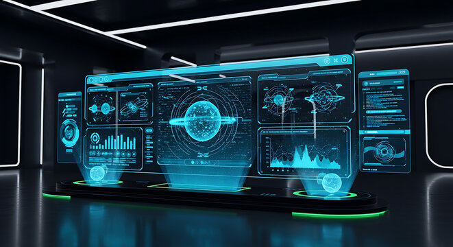 A futuristic digital dashboard displays crypto data on a sleek console in a dark room.