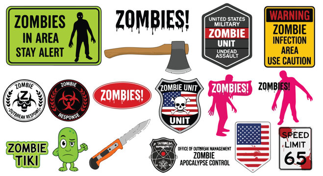 Zombie apocalypse survival signs and military unit badges, undead outbreak warning labels and tactical patches, horror themed vector sticker set