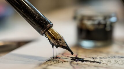 Naklejka premium Classic fountain pen with thick glossy black ink creating bold strokes on textured paper