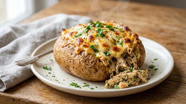 aked potato stuffed with creamy shredded chicken and melted gratin cheese.