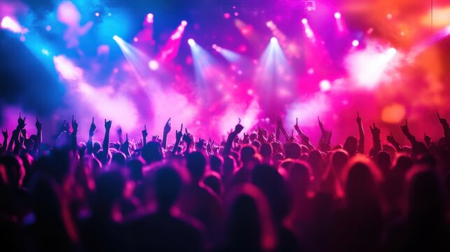 Vibrant music festival concert crowd with colorful stage lighting at night live event