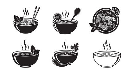 Fototapeta premium Collection of steaming soup bowls with diverse garnishes and chopsticks in a minimalist style