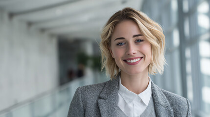 Fototapeta premium Confident business woman smiling in a modern office environment, showcasing professionalism and positivity.