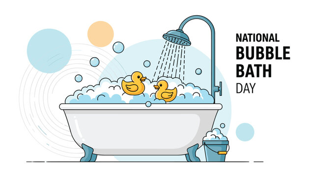 National bubble bath day illustration shows a bathtub overflowing with soapy foam and two yellow ducks under a shower.