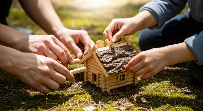 Hands Building a Miniature Wooden House Together Outdoors.