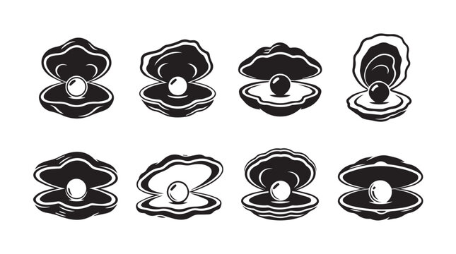 Open oyster shells with pearls inside against a white background simple graphic design